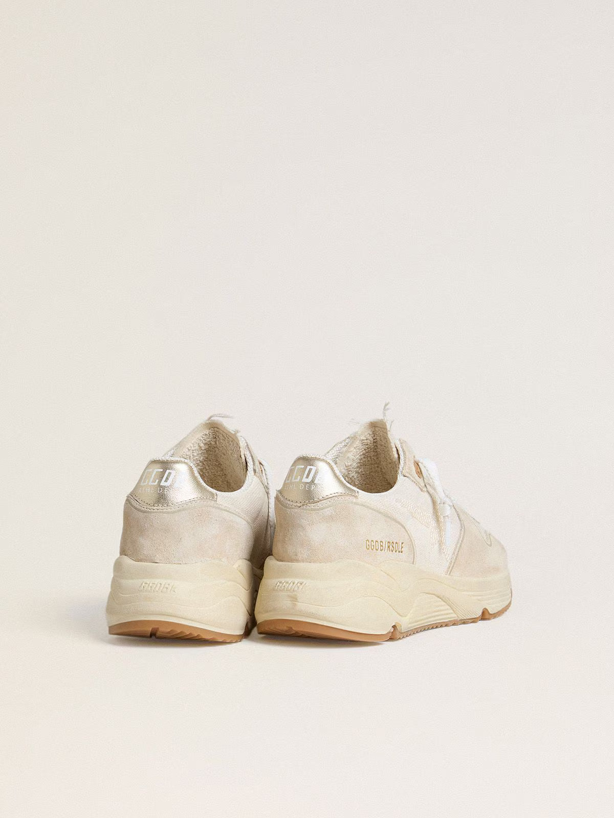 Running Sole pour femme en toile avec étoile beige et contrefort en cuir lamé platine